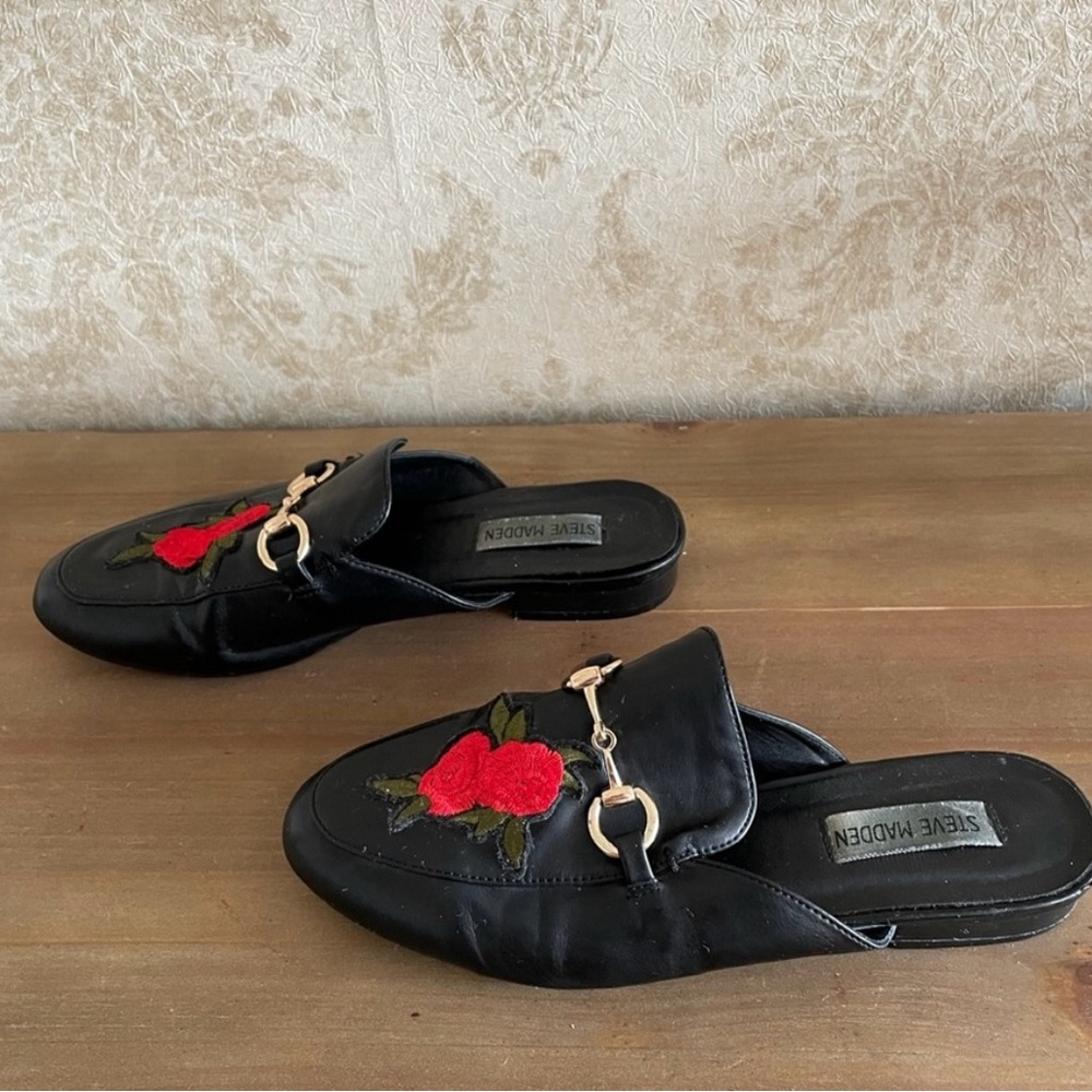 Steve Madden Black Mules with Red Floral Detail